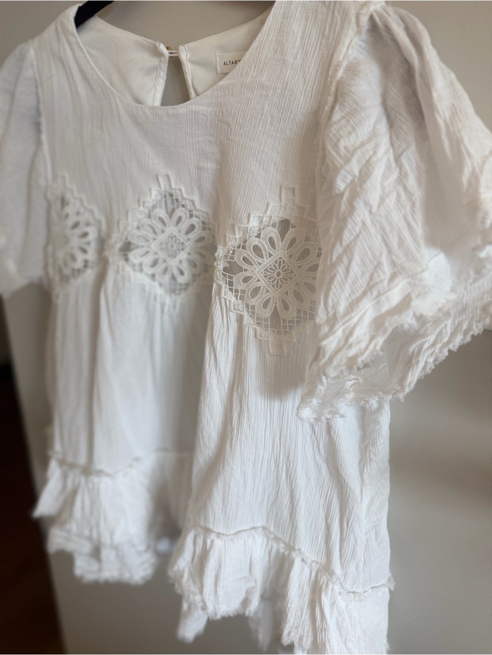 Altar'd State Cotton White Crochet-Front Ruffle Sleeve Blouse - Picture 6 of 14